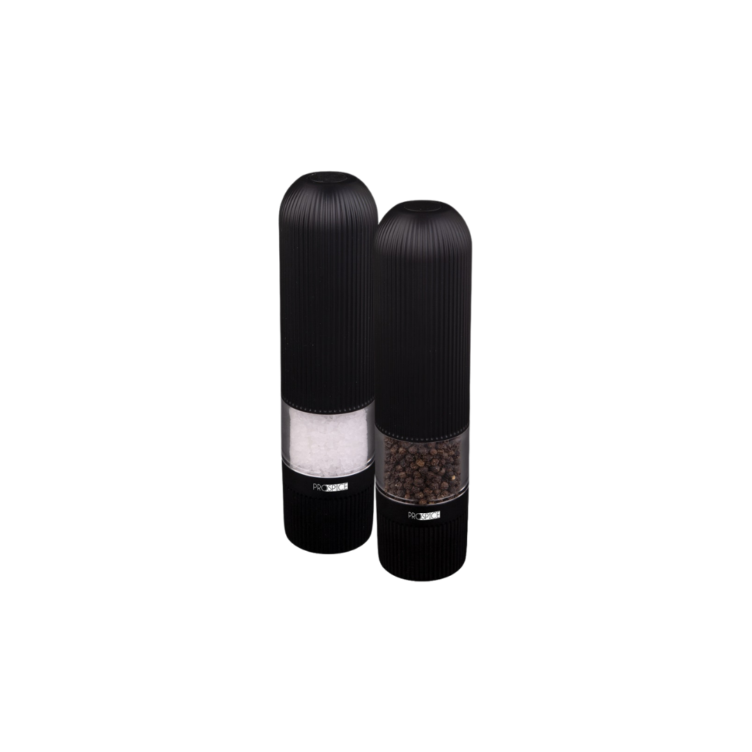 Two black electric pepper and salt mills shown on a plain white background, one filled with white salt and the other with dark brown peppercorns.