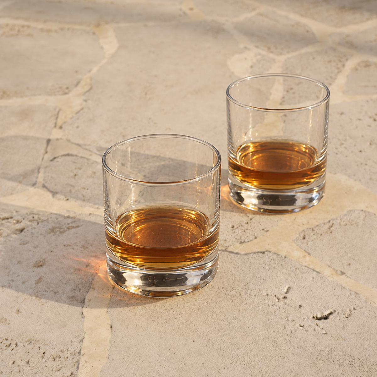 Two clear rocks glasses filled with amber whiskey, placed on a light beige stone surface in warm natural light.